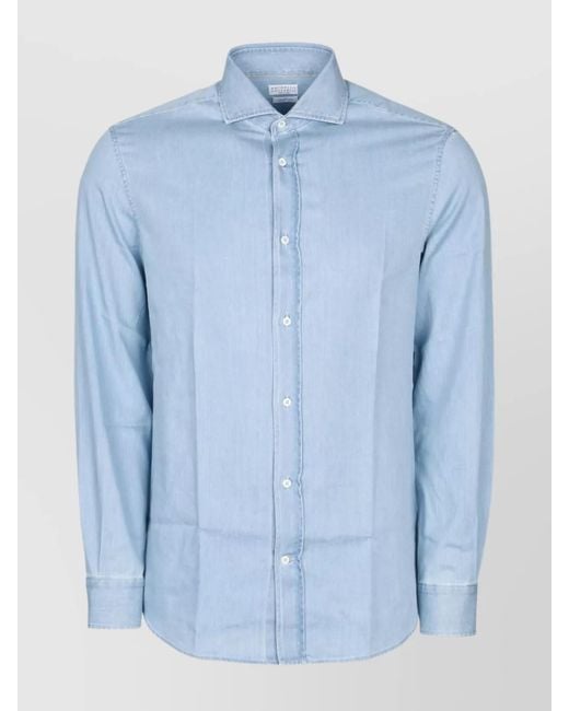 Brunello Cucinelli Blue Long Sleeve Denim Shirt With Curved Hem for men