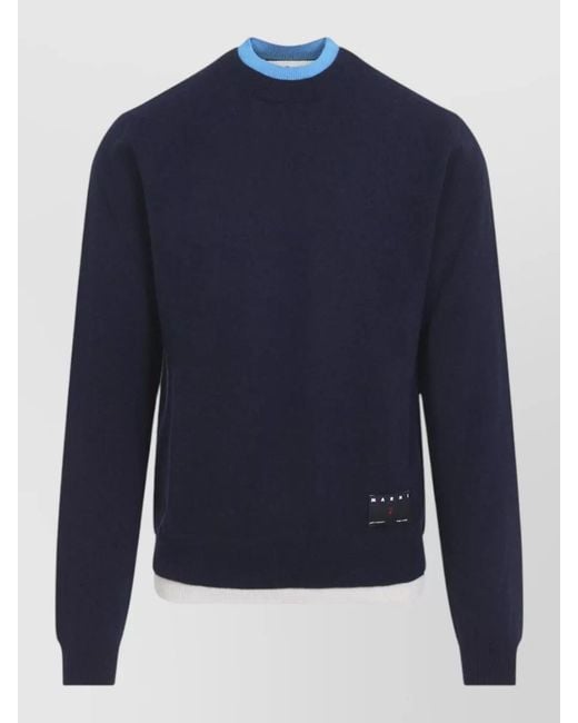 Marni Blue Cashmere Crew Neck Sweater Contrast Rib Trim for men