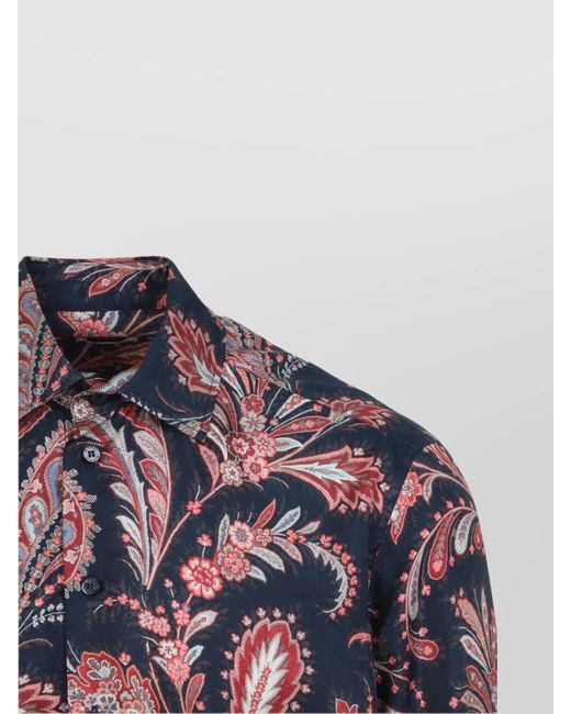 Etro Blue Silk Printed Long-Sleeve Shirt for men