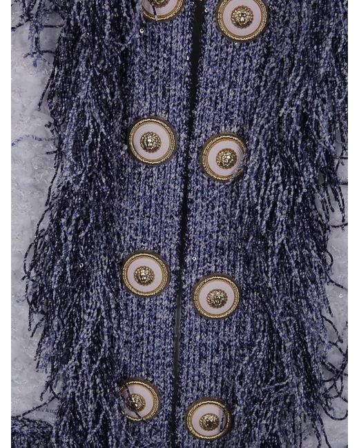 Balmain Blue Glittered Fringed Tweed Jacket