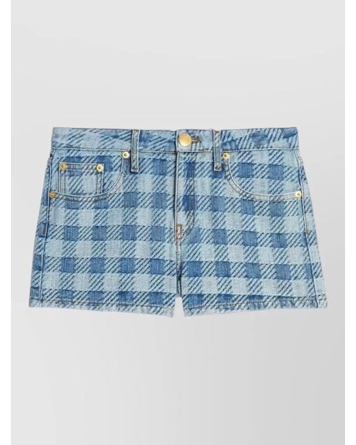 AMI Blue Denim Shorts Checkered Pattern Belt Loops Pockets