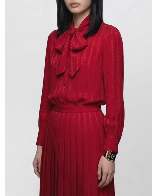 Gucci Red Silk Tie-Neck Long-Sleeve Shirt