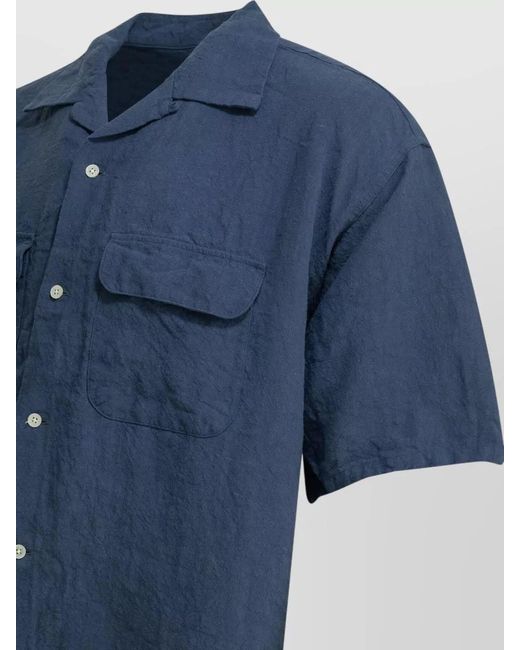 Beams Plus Blue Linen Short Sleeve Shirt Chest Pockets for men