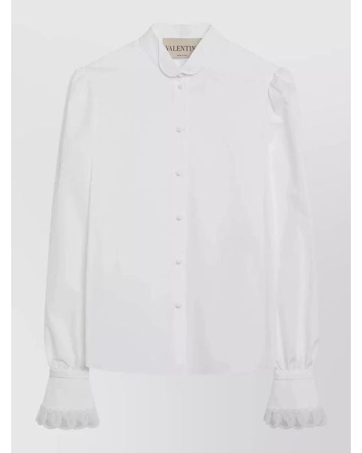 Valentino White Long Sleeve Top High Collar Ruffled Cuffs