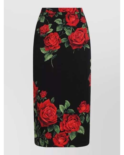 Dolce & Gabbana Red Silk Rose-Print Midi Pencil Skirt