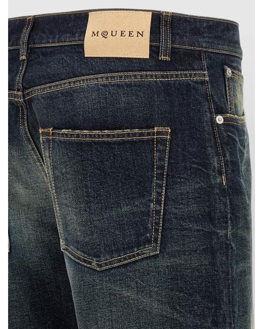 McQueen Blue Wide Leg Denim Pants Belt Loops for men