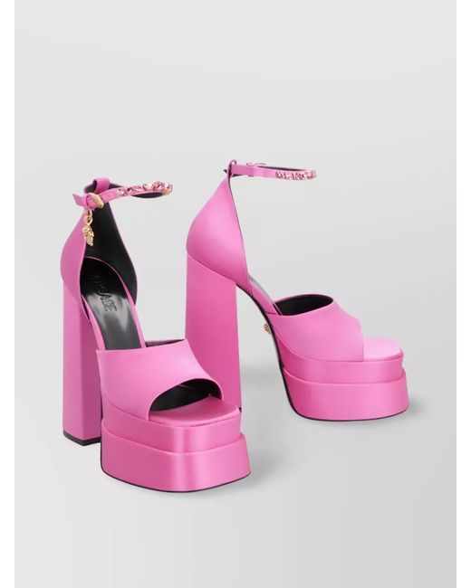 Versace Pink Satin Crystal-Embellished Platform Sandals