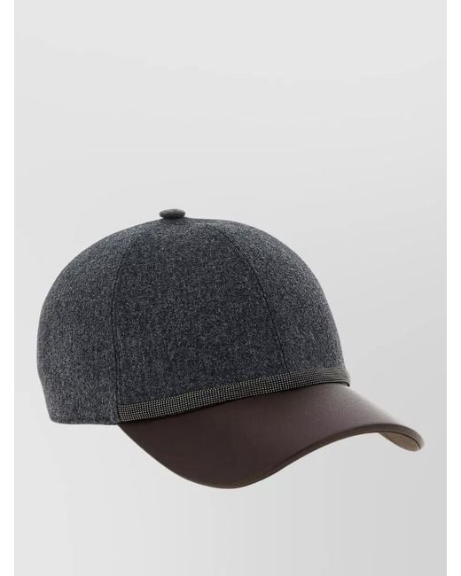 Brunello Cucinelli Gray Wool Flannel Baseball Cap Leather Visor