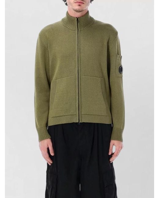 C P Company Green Cotton Knit Cardigan Ribbed Collar Cuffs Hem for men
