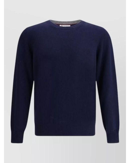 Brunello Cucinelli Blue Cashmere Crew Neck Long Sleeve Sweater for men