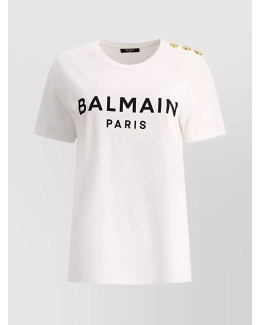 Balmain White Cotton Logo Print Button Embellished T-Shirt