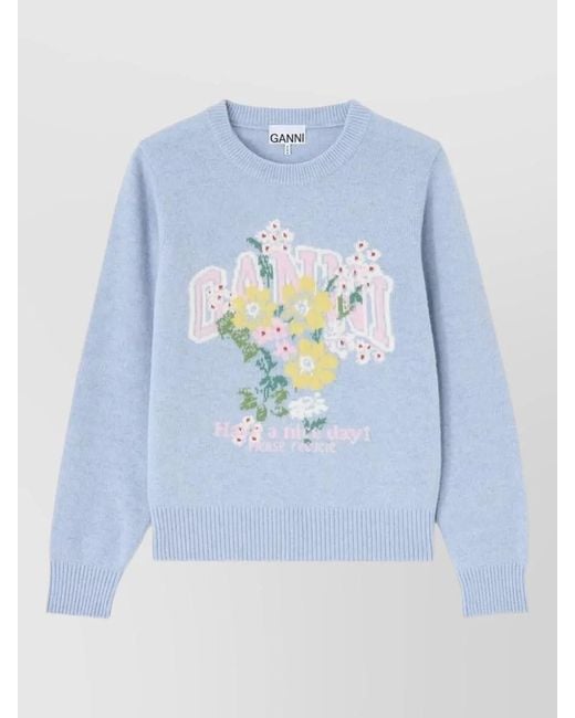 Ganni Blue Floral Crew Neck Top Long Sleeves