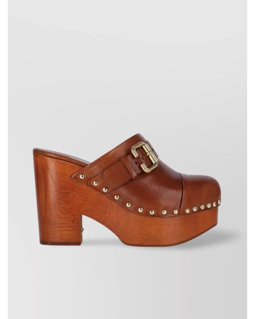 Chloé Brown Buckle Platform Stud Mules