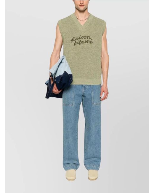 Maison Kitsuné Blue Denim Low-Rise Wide-Leg Jeans for men