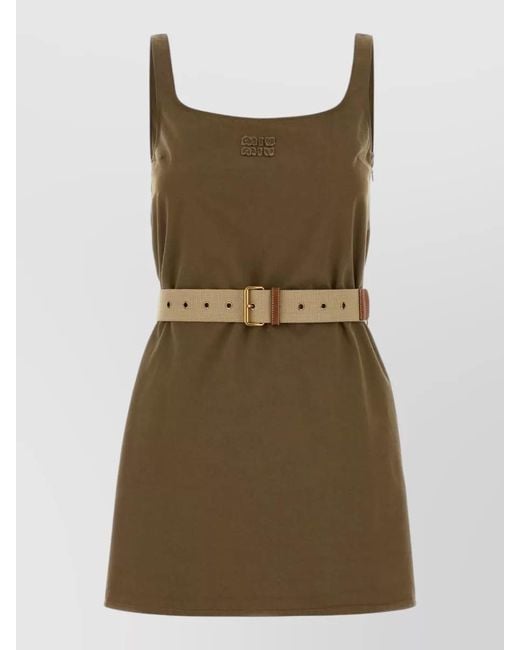 Miu Miu Green Gabardine Mini Dress Square Neckline Belt