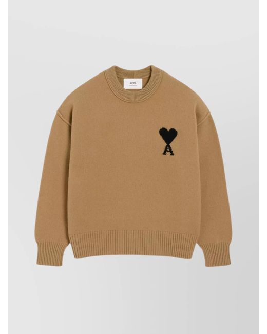 AMI Natural Ribbed Crewneck Wool Sweater With Visible Stitching for men