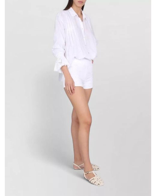 120% Lino White Linen High Waist Shorts Lace Detail