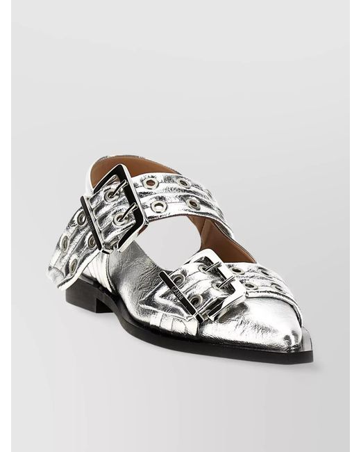 Ganni Metallic Leather Buckle Slingback Ballerina Shoes