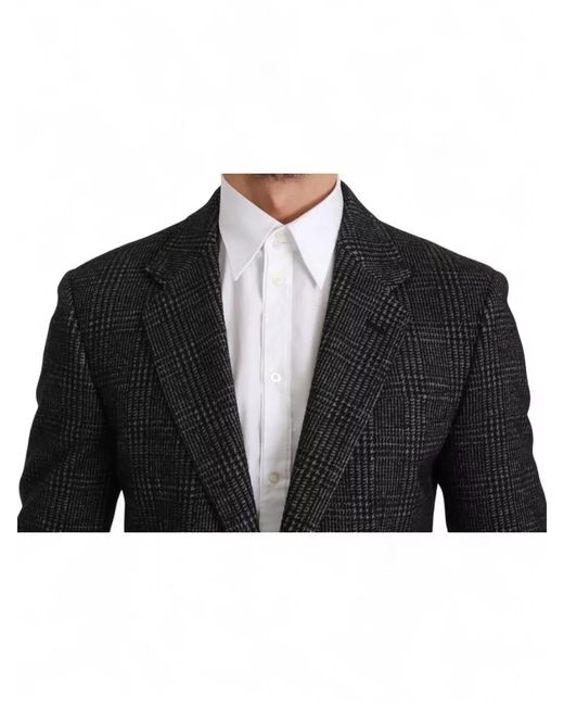 Dolce & Gabbana Black Wool Silk Cashmere Checked Slim-Fit Blazer for men