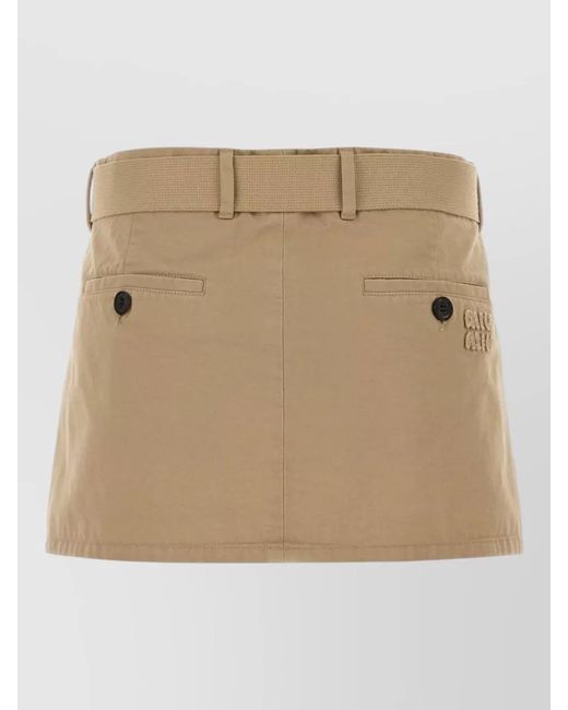 Miu Miu Natural Gabardine Mini Skirt Belted Waist Buttons Pleats