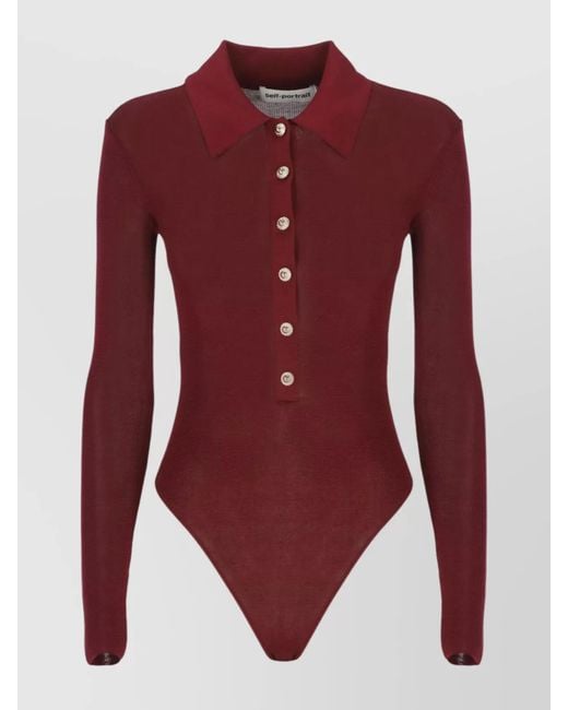 Self-Portrait Ribbed Bordeaux Collared Neck Long Sleeves Top