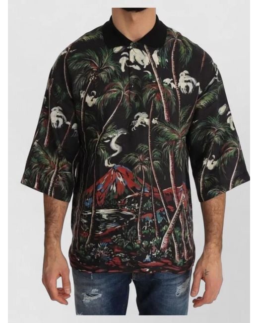 Dolce & Gabbana Black Linen Relaxed-Fit Printed Short-Sleeve Polo Shirt for men