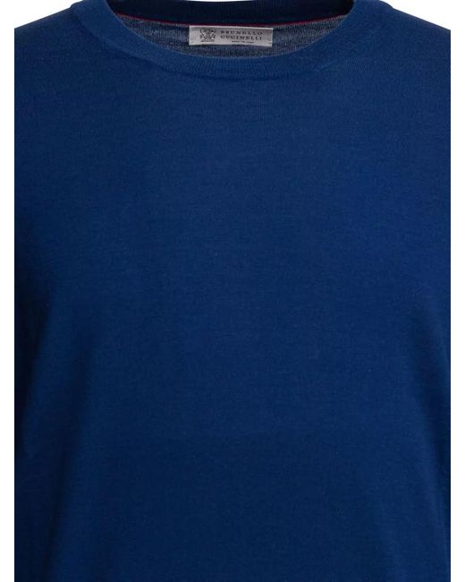 Brunello Cucinelli Blue Cotton Crew Neck Knitwear Long Sleeves for men