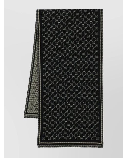 Gucci Black Reversible Geometric Wool Scarf Fringe Detailing for men