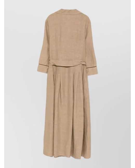 120% Lino Natural Linen Dress Belted Waist Pleated Design