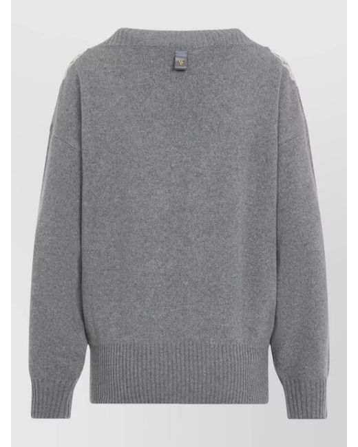 Alberta Ferretti Gray Cashmere V-Neck Fine-Knit Lace-Appliqué Sweater