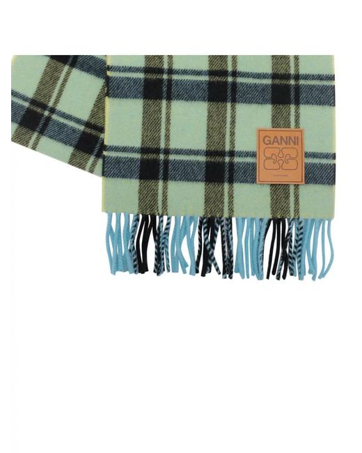 Ganni Green Checked Virgin Wool Scarf