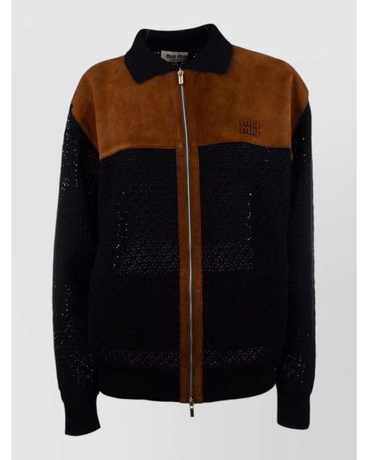 Miu Miu Black Jacket Contrast Panels Long Sleeves Ribbed Cuffs