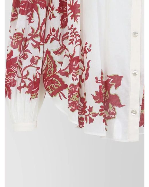 Etro Red Floral Print Pleated Cotton Blouse