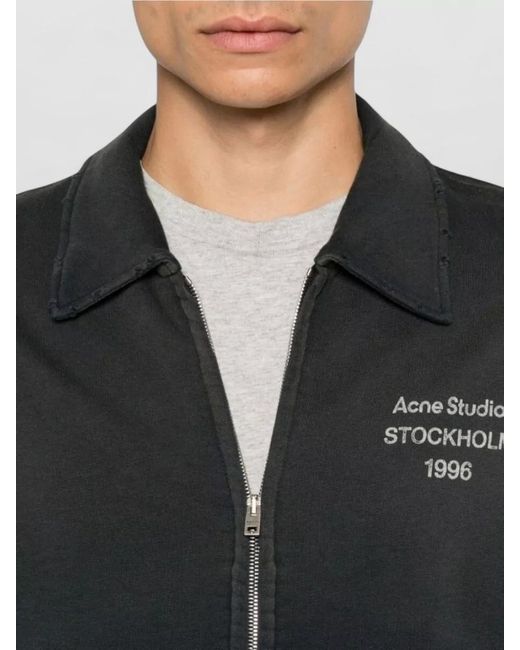 Acne Black Collared Sweatshirt Jacket Ribbed Cuffs Hem for men
