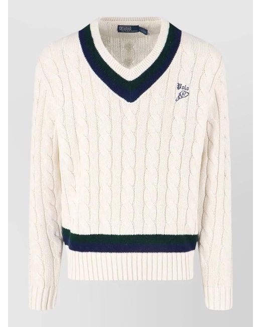 Polo Ralph Lauren Natural Cable Knit V Neck Sweater Contrast Stripes for men
