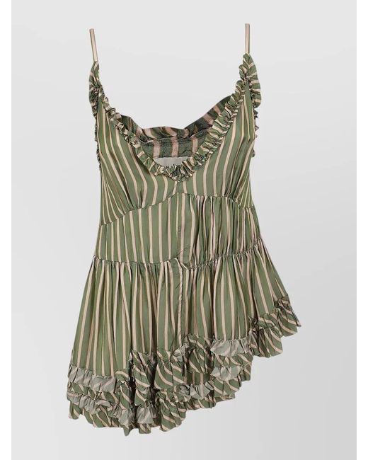 Dries Van Noten Green Striped Satin Asymmetric Ruffled V-Neck Tank Top