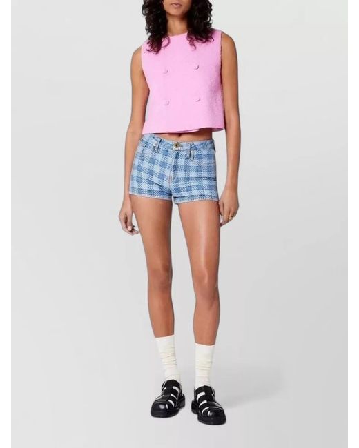 AMI Blue Denim Shorts Checkered Pattern Belt Loops Pockets