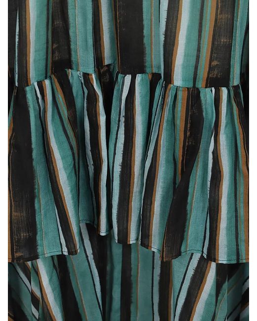 Pinko Green Off Shoulder Muslin Striped Long Dress
