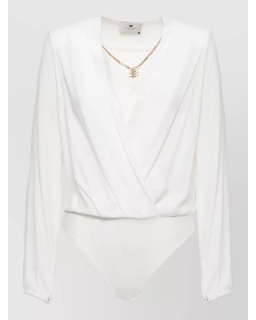 Elisabetta Franchi White Long Sleeve V Neck Wrap Bodysuit Shirt