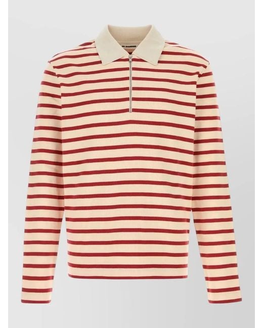 Jil Sander Red Cotton Polo Shirt Striped Knit Long Sleeves for men