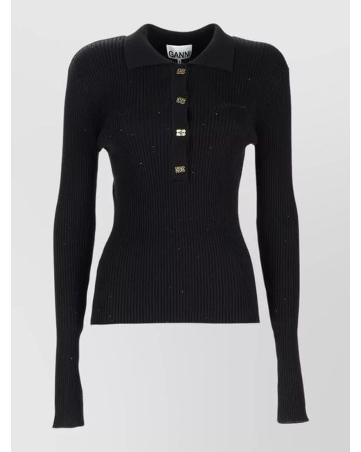 Ganni Blue Long Sleeve Wool Polo Ribbed Slim Fit
