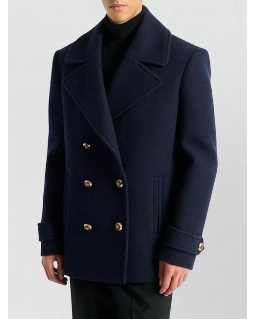 Balmain Blue Double Breasted Coat Notch Lapels Buttons for men