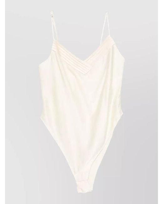 Forte_forte White Silk V-Neck Pleated Bodysuit