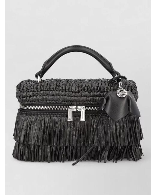 Michael Kors Black Shoulder Bag Woven Texture Fringe Top Handle