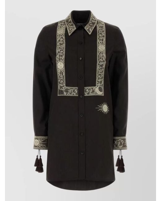 Burberry Black Silk Shirt Dress Embroidered Tassel Detail Long Sleeves