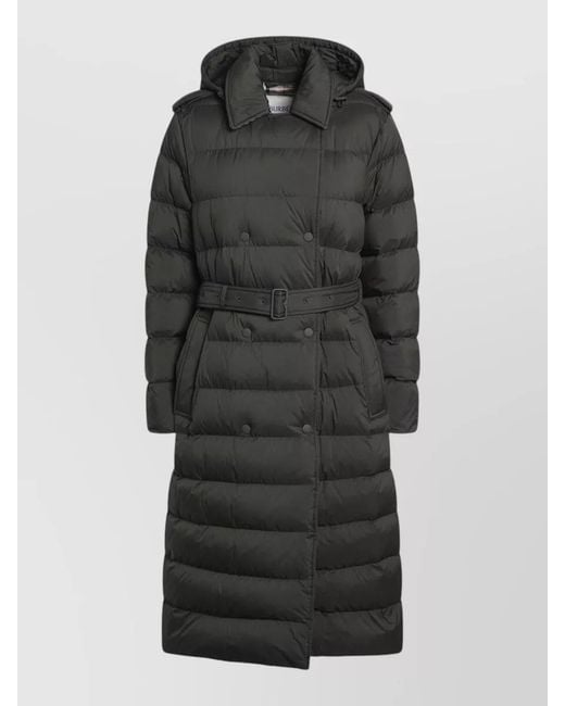 Burberry Black Double Breasted Padded Coat Belted Hood