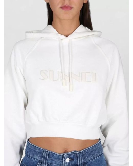 Sunnei White Cropped Hooded Knitwear Top Drawstring Ribbed
