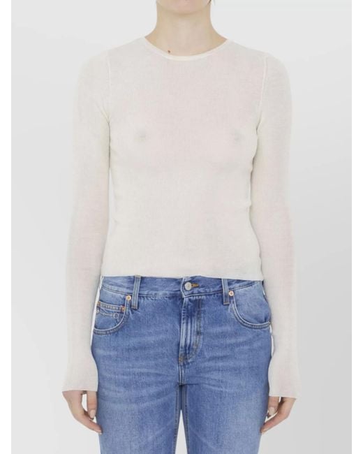 Gucci Blue Wool Jumper Ultra-Fine Ribbed Crewneck Button