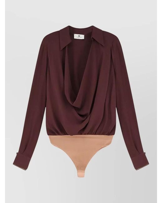 Elisabetta Franchi Red Viscose Draped Long-Sleeve Bodysuit Blouse