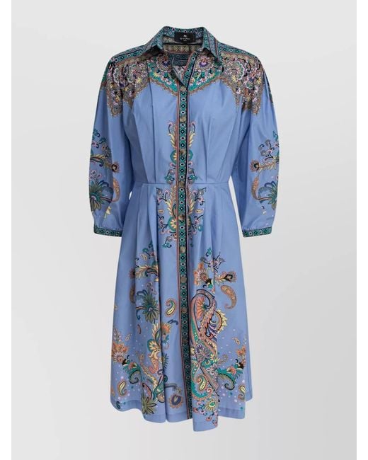 Etro Blue Cotton Printed Shirt Midi Dress